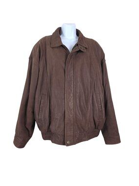 Mens Vintage Brown Genuine Leather Jacket Zip Front Snap Collar & Elastic Hem